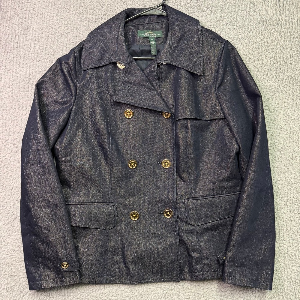 Lauren Jeans Co. Ralph Lauren Women's XL Blue Gold Denim Double-Breasted Jacket